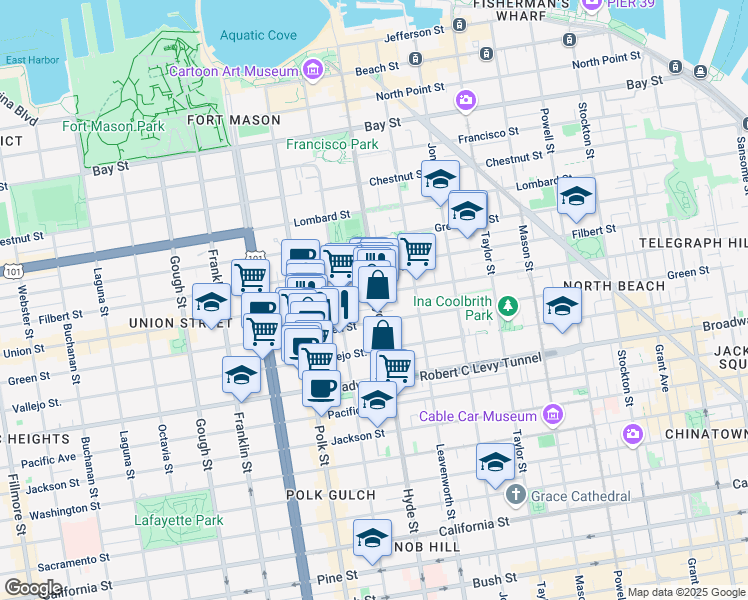 map of restaurants, bars, coffee shops, grocery stores, and more near 37 Russell Street in San Francisco