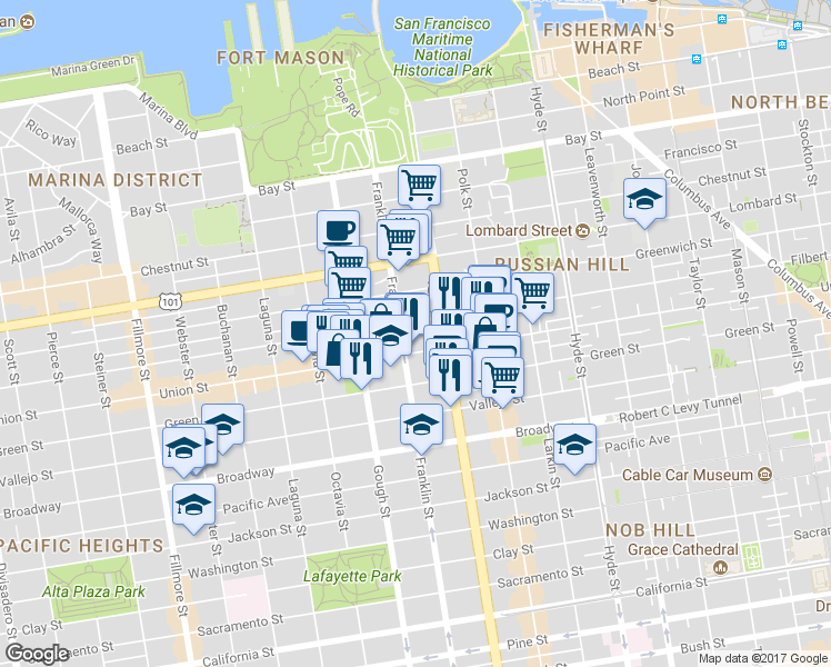 map of restaurants, bars, coffee shops, grocery stores, and more near 1596 Union Street in San Francisco