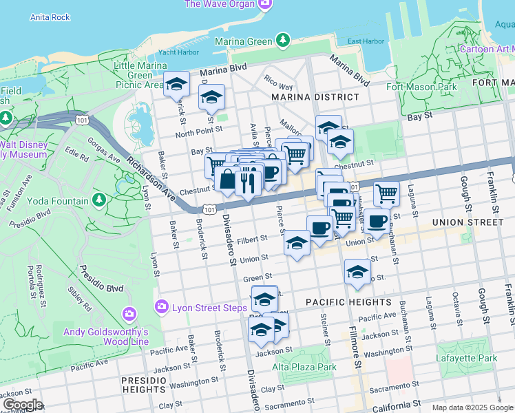 map of restaurants, bars, coffee shops, grocery stores, and more near 2490 Greenwich Street in San Francisco
