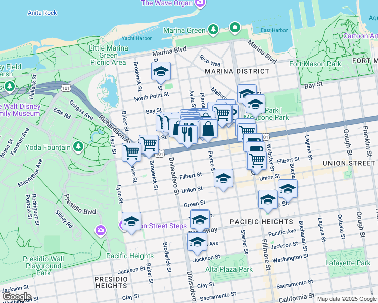 map of restaurants, bars, coffee shops, grocery stores, and more near 2474 Greenwich Street in San Francisco