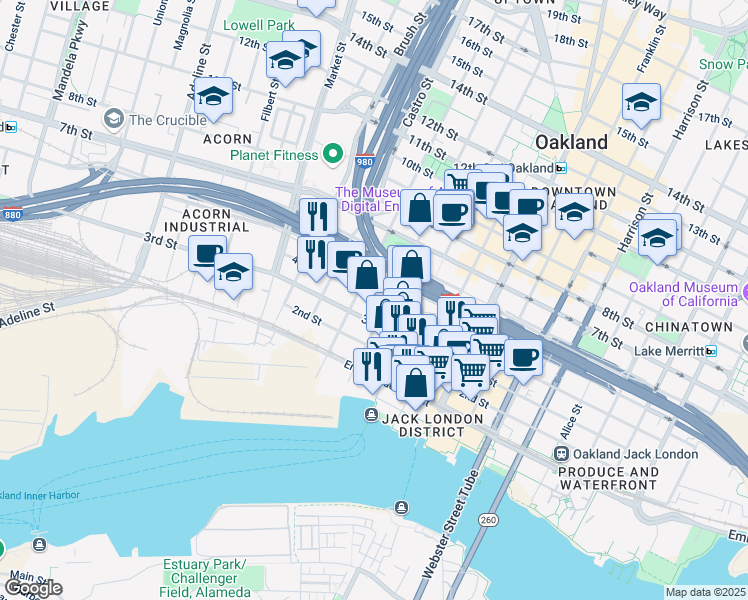 map of restaurants, bars, coffee shops, grocery stores, and more near 622 3rd Street in Oakland