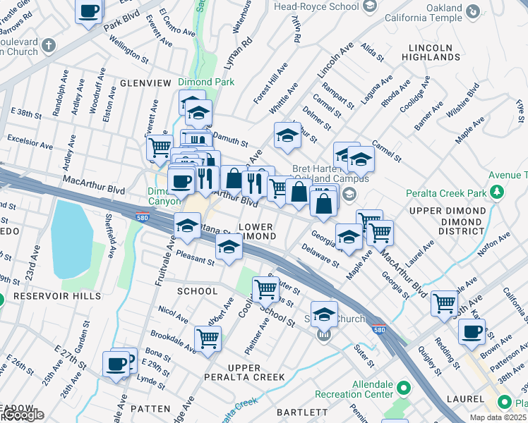 map of restaurants, bars, coffee shops, grocery stores, and more near 3467 Laguna Avenue in Oakland