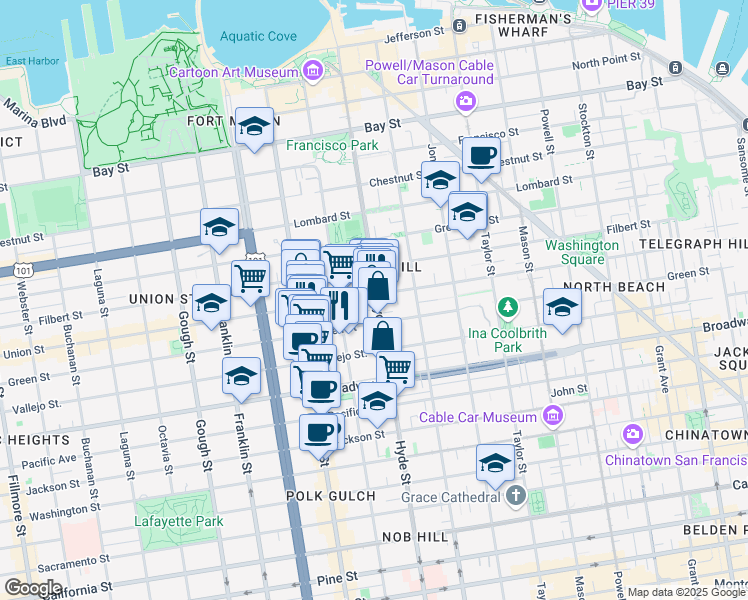 map of restaurants, bars, coffee shops, grocery stores, and more near 1987 Hyde Street in San Francisco