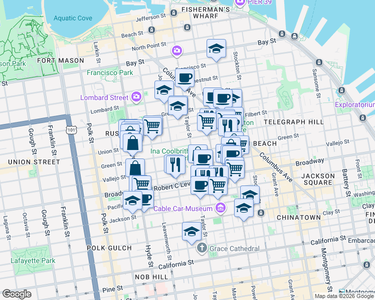 map of restaurants, bars, coffee shops, grocery stores, and more near 900 Green Street in San Francisco