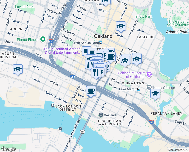 map of restaurants, bars, coffee shops, grocery stores, and more near in Oakland