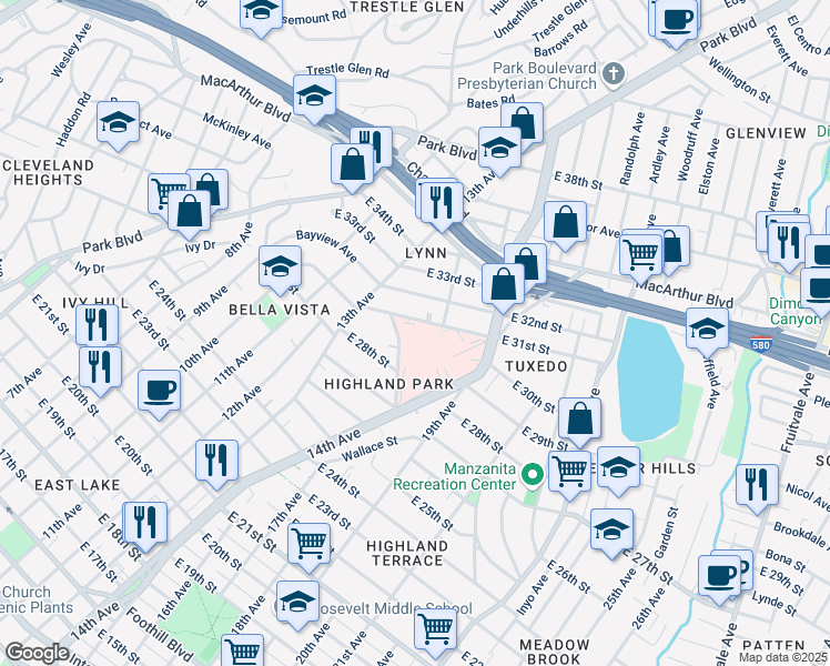 map of restaurants, bars, coffee shops, grocery stores, and more near 1411 East 31st Street in Oakland