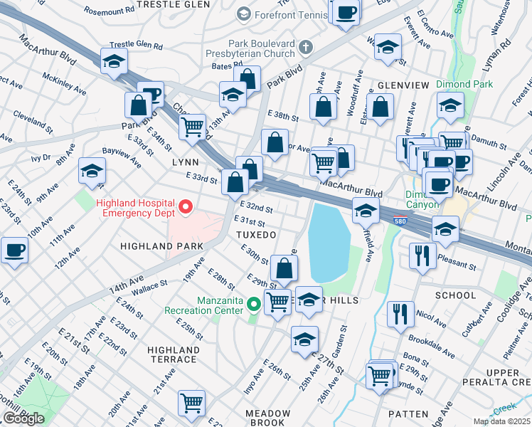 map of restaurants, bars, coffee shops, grocery stores, and more near 1655 East 32nd Street in Oakland