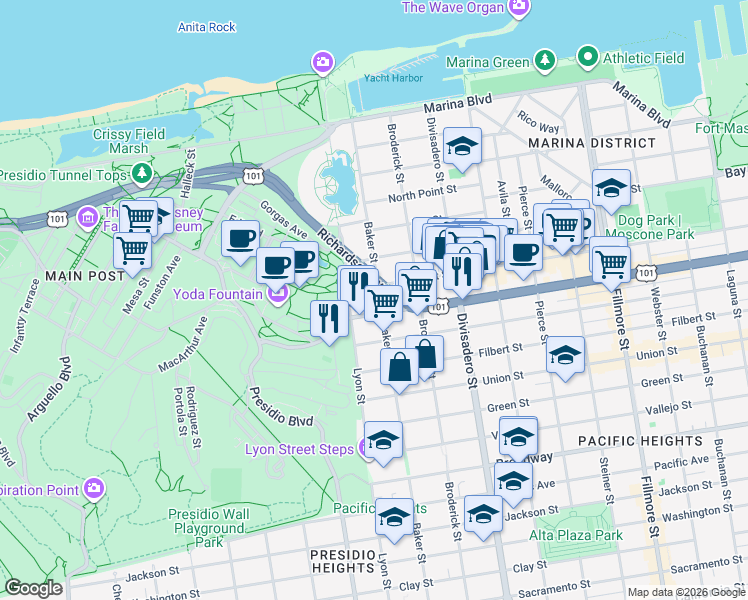 map of restaurants, bars, coffee shops, grocery stores, and more near 3035 Baker Street in San Francisco