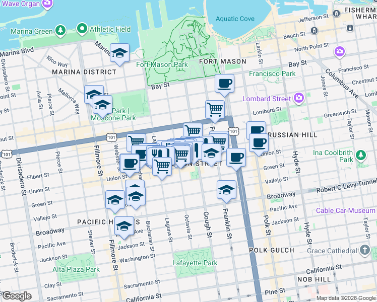 map of restaurants, bars, coffee shops, grocery stores, and more near 1738b Filbert Street in San Francisco