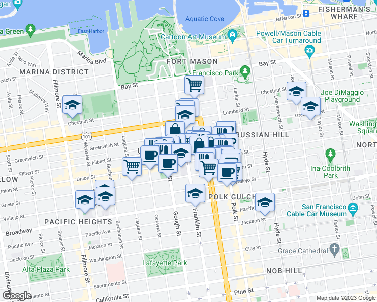 map of restaurants, bars, coffee shops, grocery stores, and more near 1596 Union Street in San Francisco