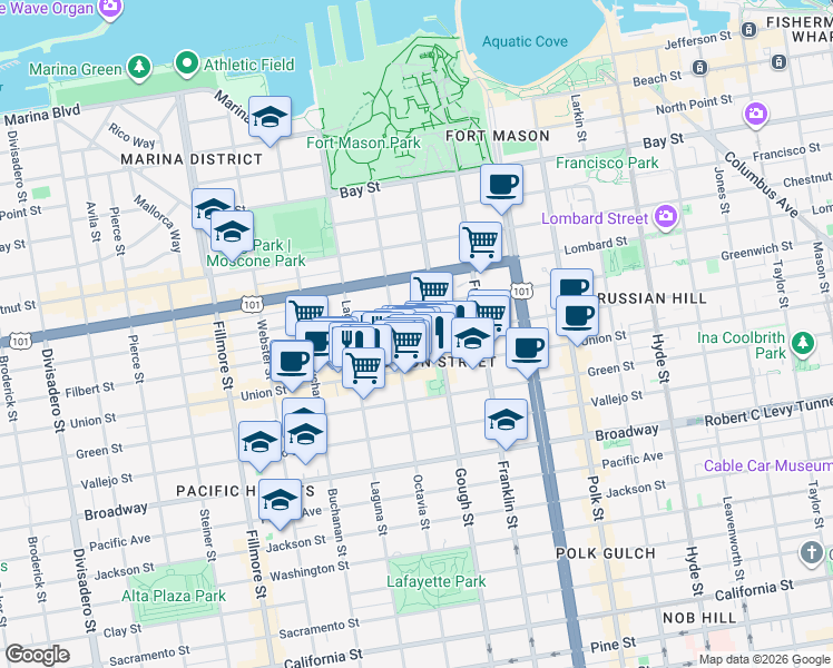 map of restaurants, bars, coffee shops, grocery stores, and more near 1750a Filbert Street in San Francisco