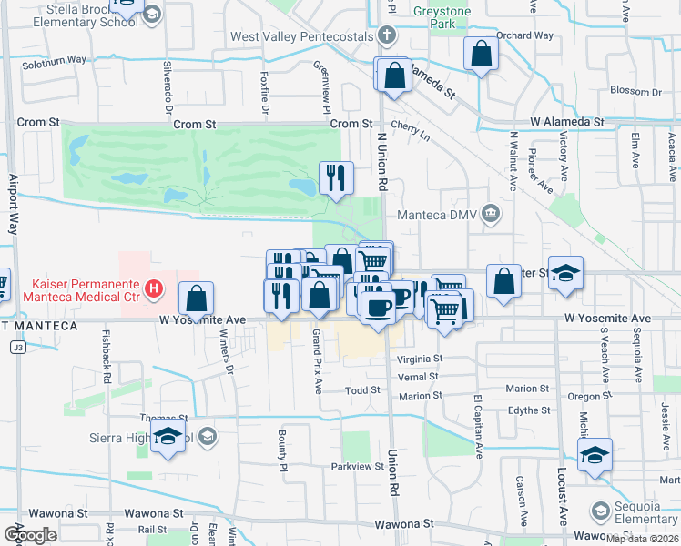 map of restaurants, bars, coffee shops, grocery stores, and more near 1212 West Center Street in Manteca