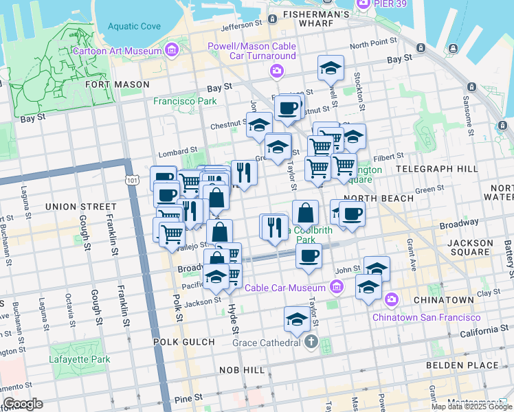 map of restaurants, bars, coffee shops, grocery stores, and more near Macondray Lane in San Francisco