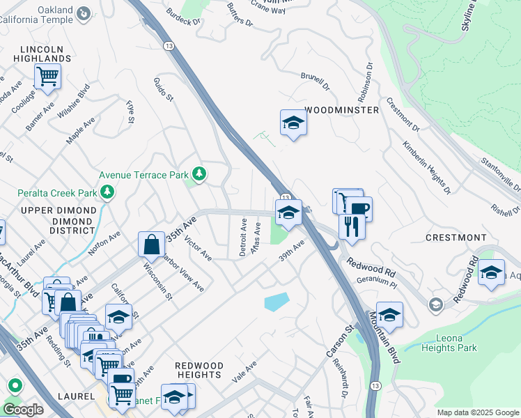 map of restaurants, bars, coffee shops, grocery stores, and more near 3686 Redwood Road in Oakland