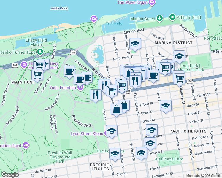 map of restaurants, bars, coffee shops, grocery stores, and more near 2729 Lombard Street in San Francisco
