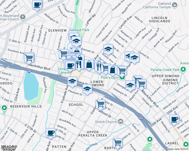 map of restaurants, bars, coffee shops, grocery stores, and more near 3441 Wilson Avenue in Oakland