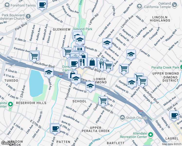 map of restaurants, bars, coffee shops, grocery stores, and more near 2451 Palmetto Street in Oakland