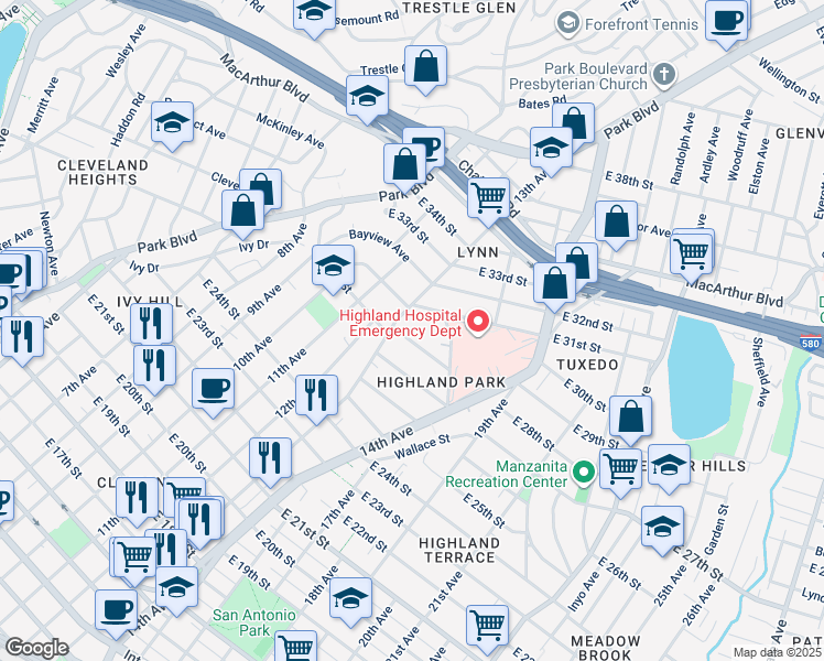 map of restaurants, bars, coffee shops, grocery stores, and more near 1331 East 28th Street in Oakland
