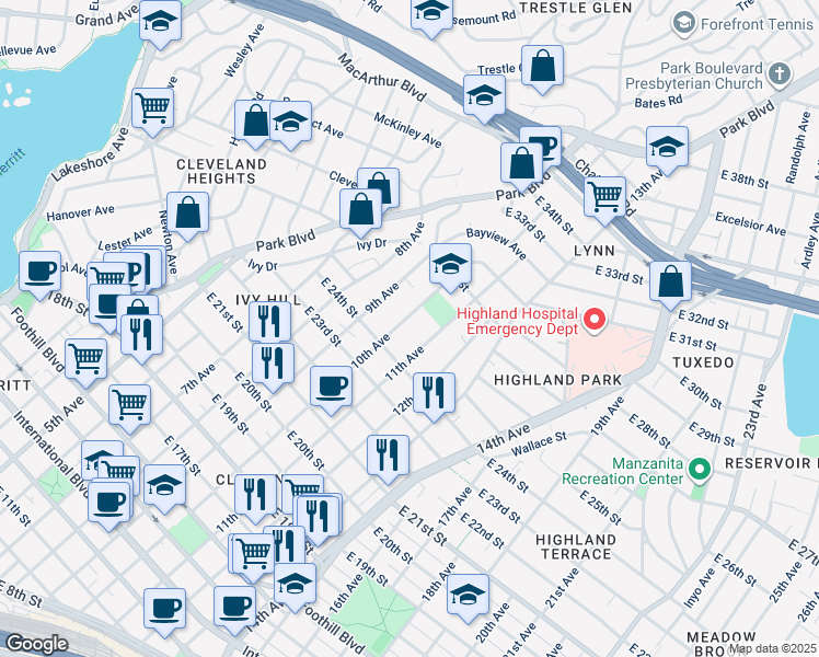 map of restaurants, bars, coffee shops, grocery stores, and more near 2423 11th Avenue in Oakland