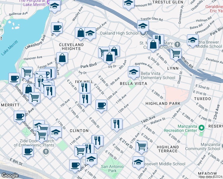 map of restaurants, bars, coffee shops, grocery stores, and more near 2325 10th Avenue in Oakland