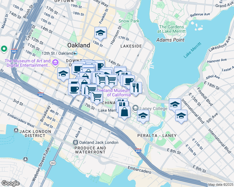 map of restaurants, bars, coffee shops, grocery stores, and more near in Oakland