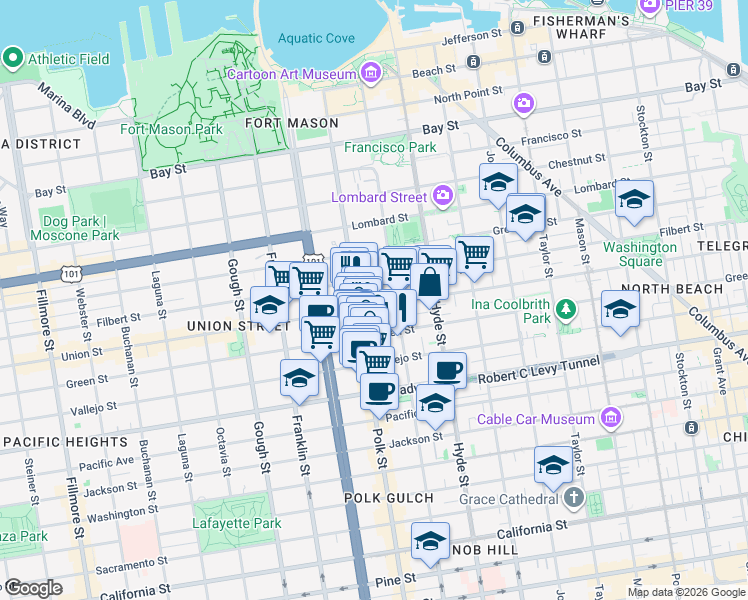 map of restaurants, bars, coffee shops, grocery stores, and more near 2235 Larkin Street in San Francisco