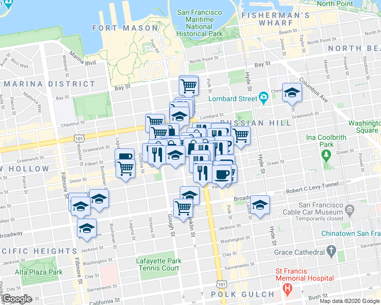 map of restaurants, bars, coffee shops, grocery stores, and more near 1596 Union Street in San Francisco