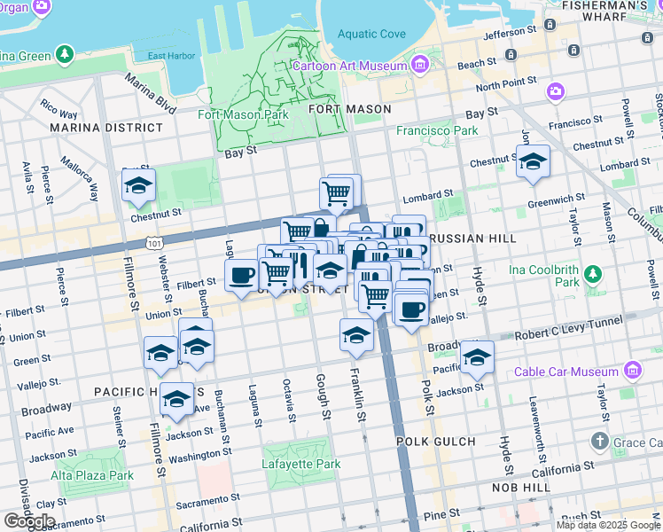 map of restaurants, bars, coffee shops, grocery stores, and more near 1596 Union Street in San Francisco