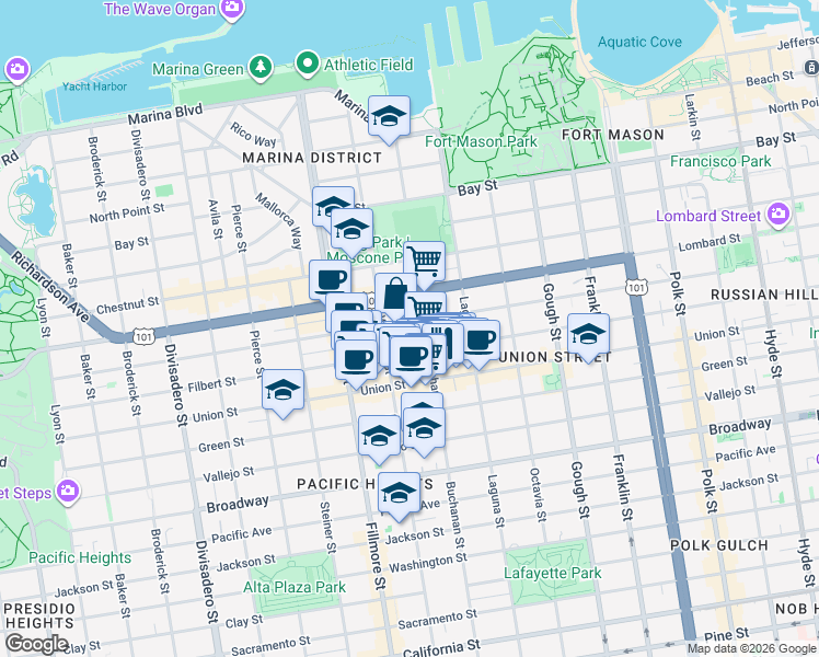 map of restaurants, bars, coffee shops, grocery stores, and more near 2028 Filbert Street in San Francisco