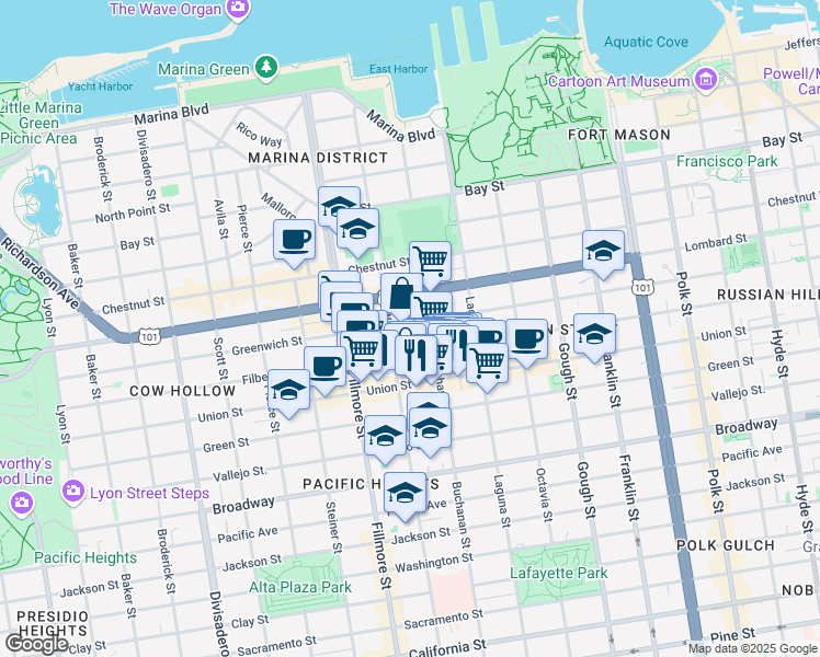 map of restaurants, bars, coffee shops, grocery stores, and more near 2028 Filbert Street in San Francisco