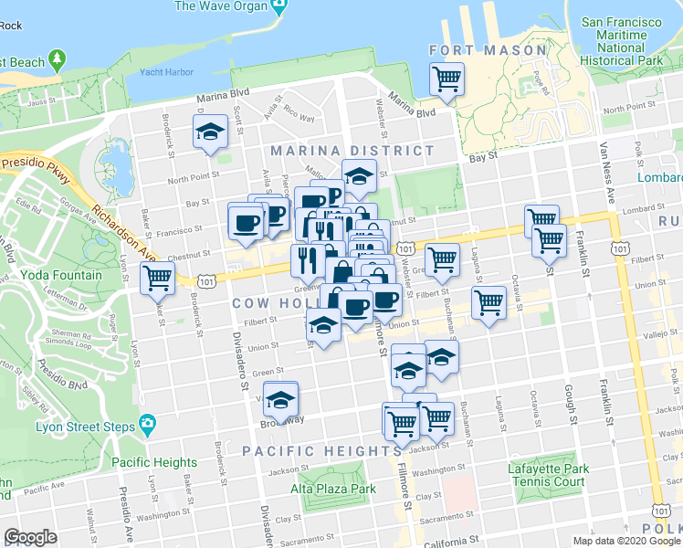 map of restaurants, bars, coffee shops, grocery stores, and more near 3144 Steiner Street in San Francisco