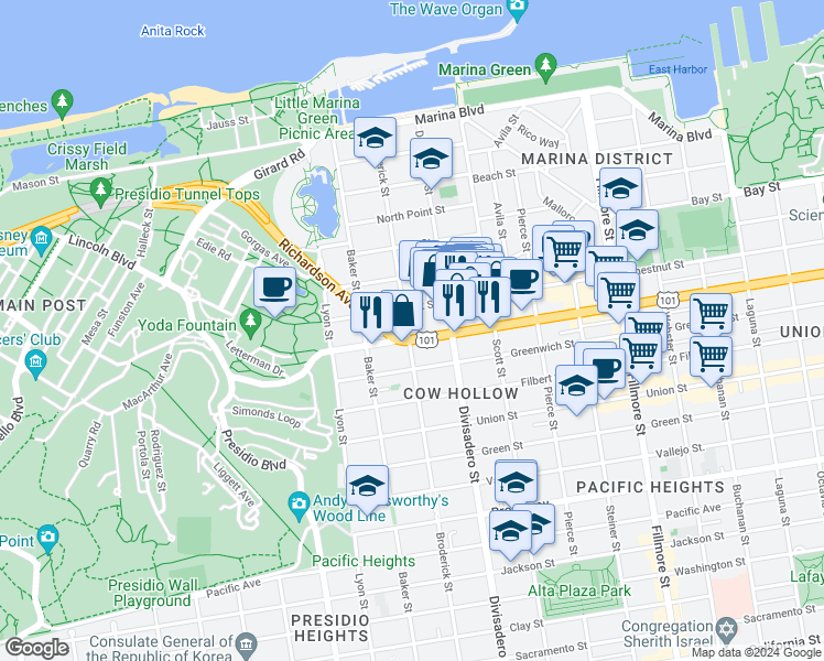 map of restaurants, bars, coffee shops, grocery stores, and more near 2555 Lombard Street in San Francisco
