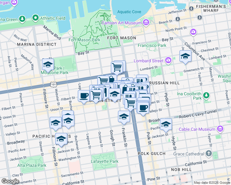 map of restaurants, bars, coffee shops, grocery stores, and more near 1596 Union Street in San Francisco