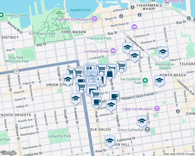 map of restaurants, bars, coffee shops, grocery stores, and more near 1330 Union Street in San Francisco