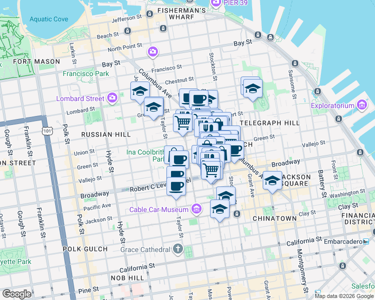 map of restaurants, bars, coffee shops, grocery stores, and more near Green St & Mason St in San Francisco