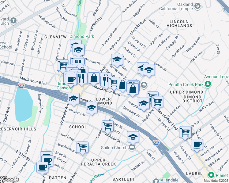 map of restaurants, bars, coffee shops, grocery stores, and more near 2600 MacArthur Boulevard in Oakland