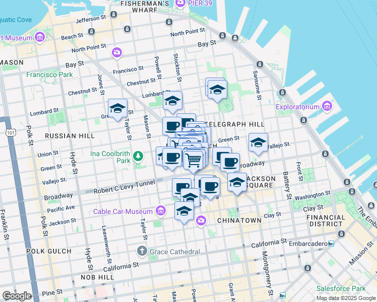 map of restaurants, bars, coffee shops, grocery stores, and more near 729 Vallejo Street in San Francisco