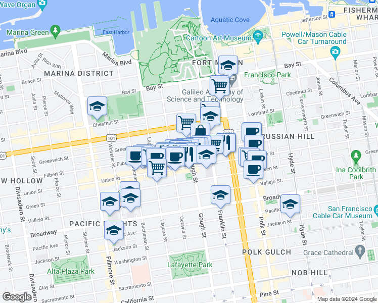 map of restaurants, bars, coffee shops, grocery stores, and more near 1702 Filbert Street in San Francisco