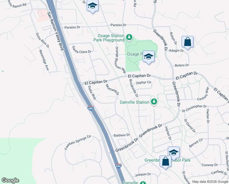 map of restaurants, bars, coffee shops, grocery stores, and more near 510 Navajo Place in Danville