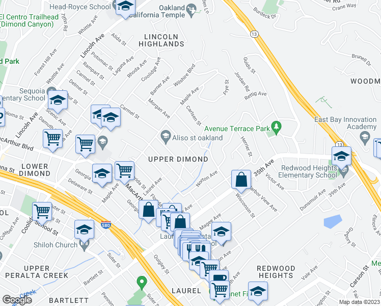 map of restaurants, bars, coffee shops, grocery stores, and more near 4014 Laurel Avenue in Oakland