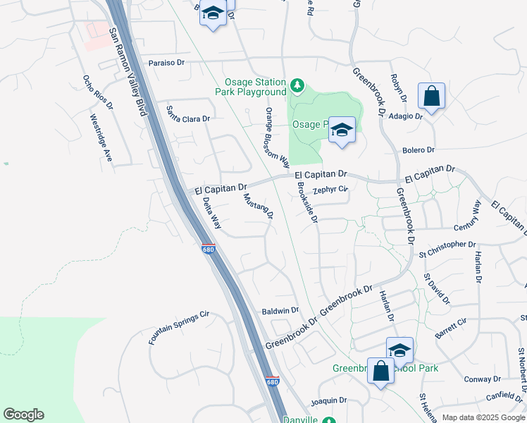 map of restaurants, bars, coffee shops, grocery stores, and more near 1141 Mustang Drive in Danville
