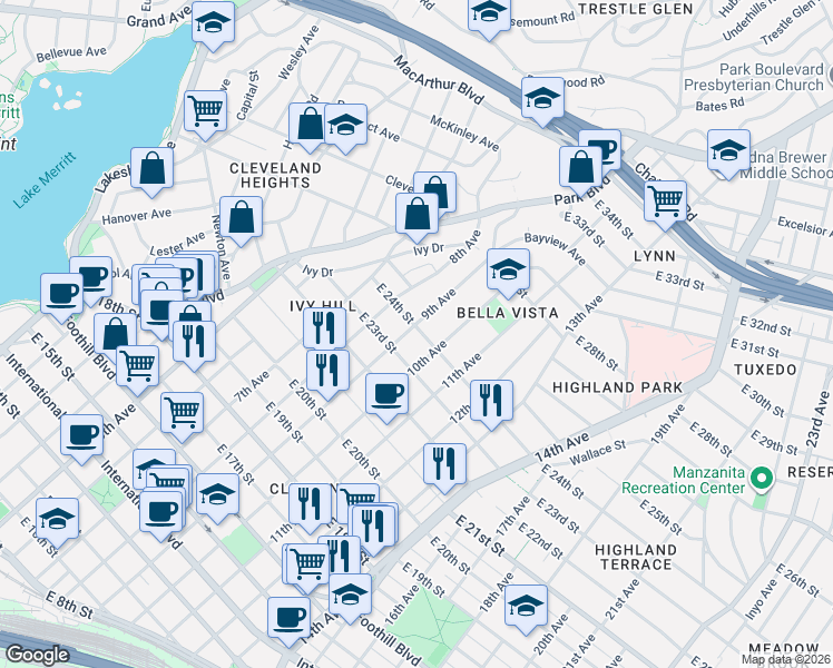 map of restaurants, bars, coffee shops, grocery stores, and more near 905 East 24th Street in Oakland