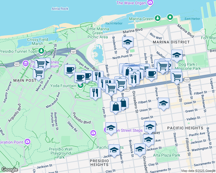 map of restaurants, bars, coffee shops, grocery stores, and more near 2729 Lombard Street in San Francisco