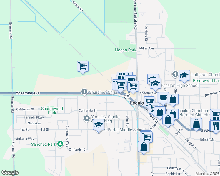 map of restaurants, bars, coffee shops, grocery stores, and more near 1050 Yosemite Avenue in Escalon