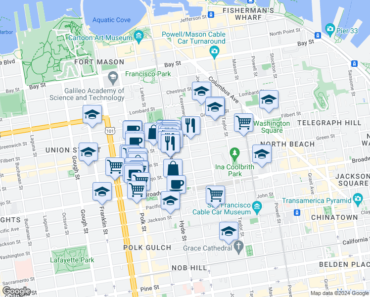 map of restaurants, bars, coffee shops, grocery stores, and more near 1119 Union Street in San Francisco