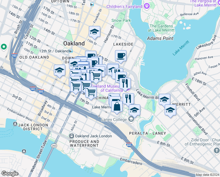 map of restaurants, bars, coffee shops, grocery stores, and more near 1009 Madison Street in Oakland