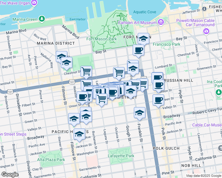map of restaurants, bars, coffee shops, grocery stores, and more near 2914 Octavia Street in San Francisco