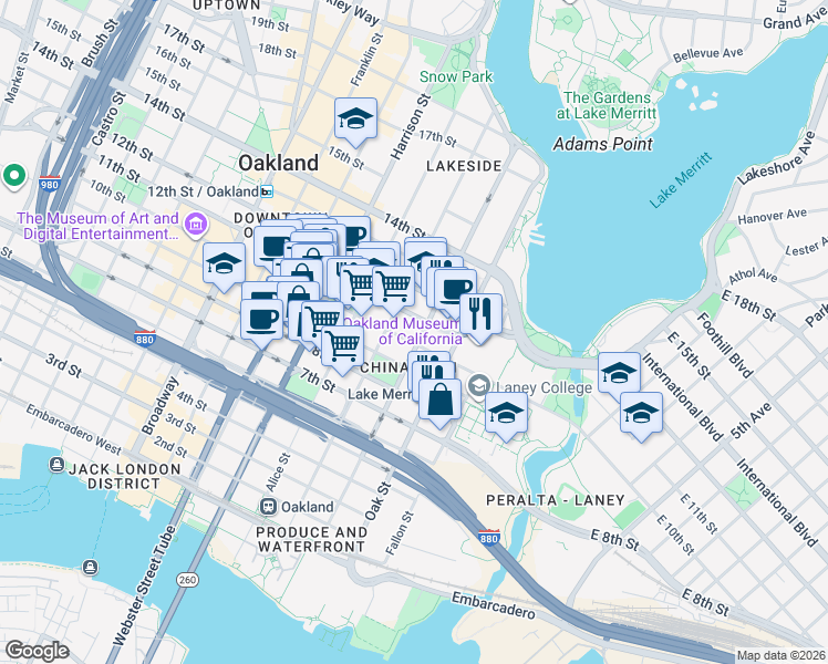 map of restaurants, bars, coffee shops, grocery stores, and more near 1009 Madison Street in Oakland