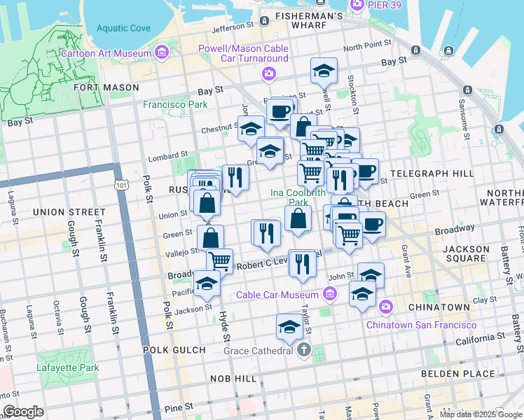 map of restaurants, bars, coffee shops, grocery stores, and more near Macondray Lane in San Francisco