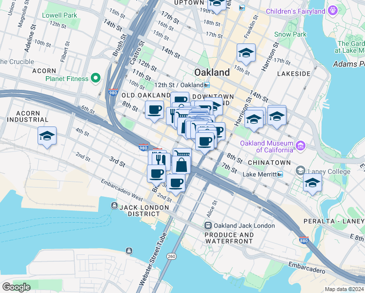 map of restaurants, bars, coffee shops, grocery stores, and more near 636 Broadway in Oakland